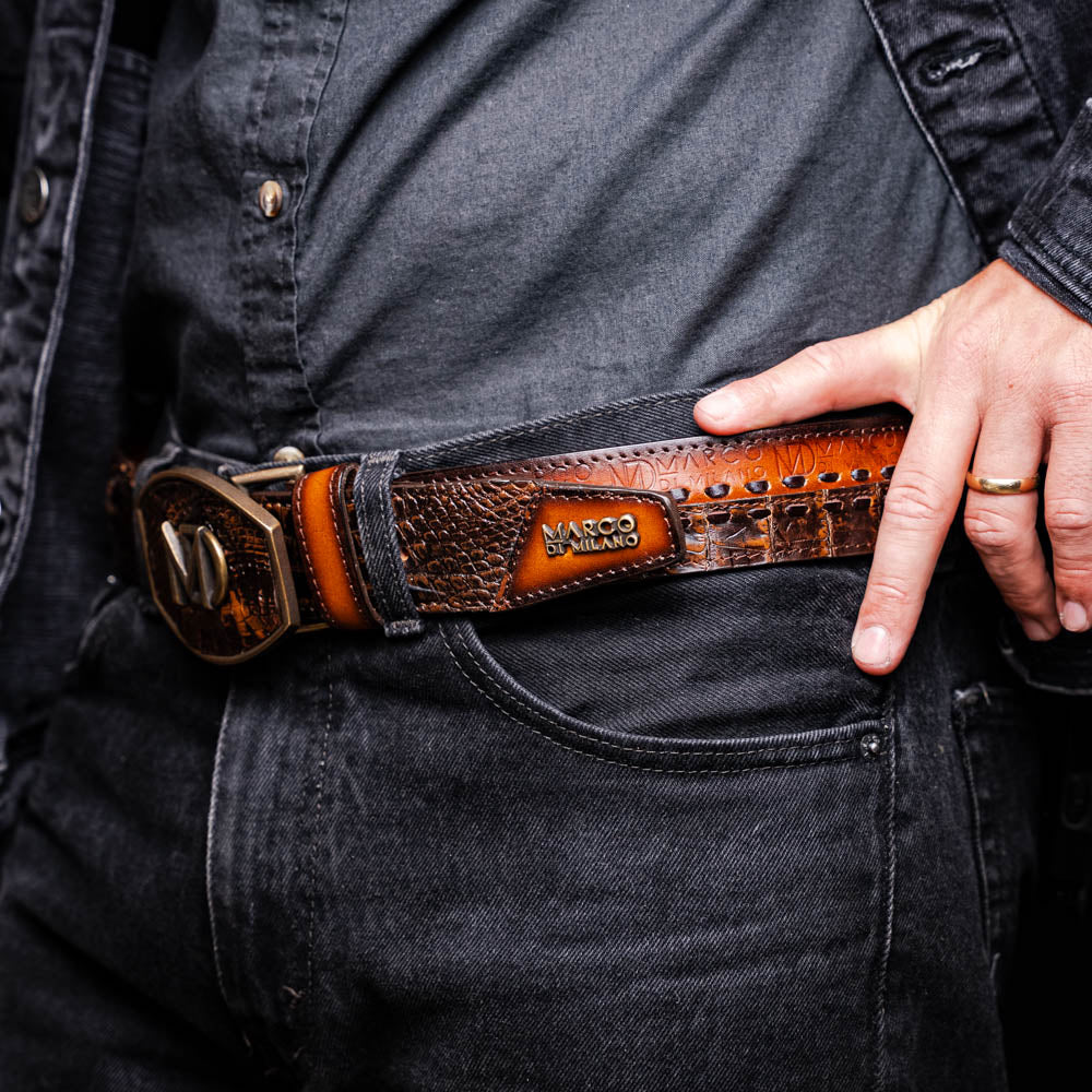 MONTANA Caiman &amp; Calfskin Western Belt with Hand-Stitched Center Detail Brown