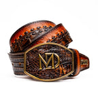 MONTANA Caiman &amp; Calfskin Western Belt with Hand-Stitched Center Detail Brown
