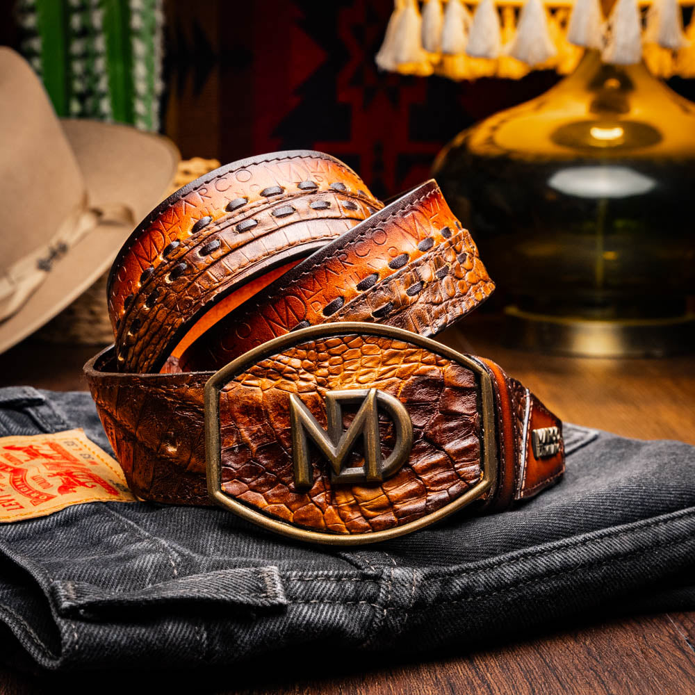 MONTANA – Caiman &amp; Calfskin Western Belt with Hand-Stitched Center Detail Maple