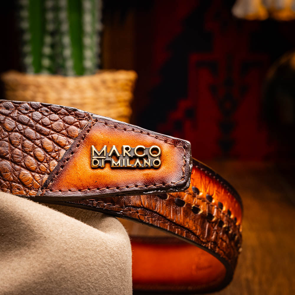 MONTANA – Caiman &amp; Calfskin Western Belt with Hand-Stitched Center Detail Maple