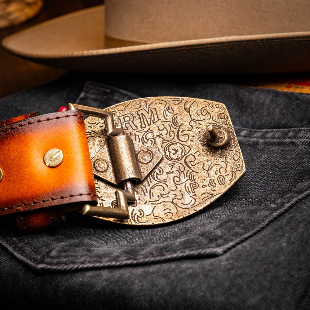MONTANA – Caiman &amp; Calfskin Western Belt with Hand-Stitched Center Detail Maple