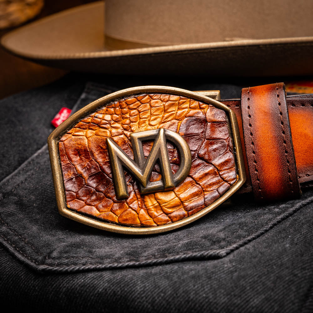 MONTANA – Caiman &amp; Calfskin Western Belt with Hand-Stitched Center Detail Maple