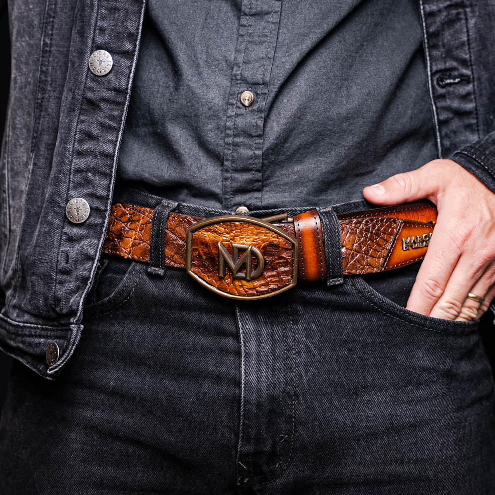 MONTANA – Caiman &amp; Calfskin Western Belt with Hand-Stitched Center Detail Maple
