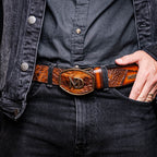 MONTANA – Caiman &amp; Calfskin Western Belt with Hand-Stitched Center Detail Maple