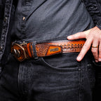 MONTANA – Caiman &amp; Calfskin Western Belt with Hand-Stitched Center Detail Maple