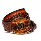 MONTANA – Caiman &amp; Calfskin Western Belt with Hand-Stitched Center Detail Maple