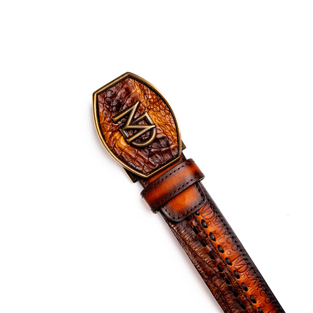 MONTANA – Caiman &amp; Calfskin Western Belt with Hand-Stitched Center Detail Maple