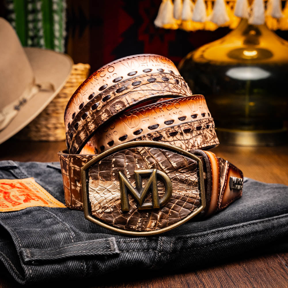 Montana Caiman and Calfskin Western Belt Stone Brown