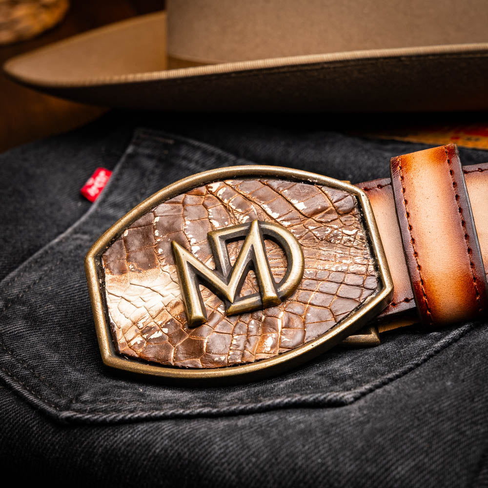 Montana Caiman and Calfskin Western Belt Stone Brown