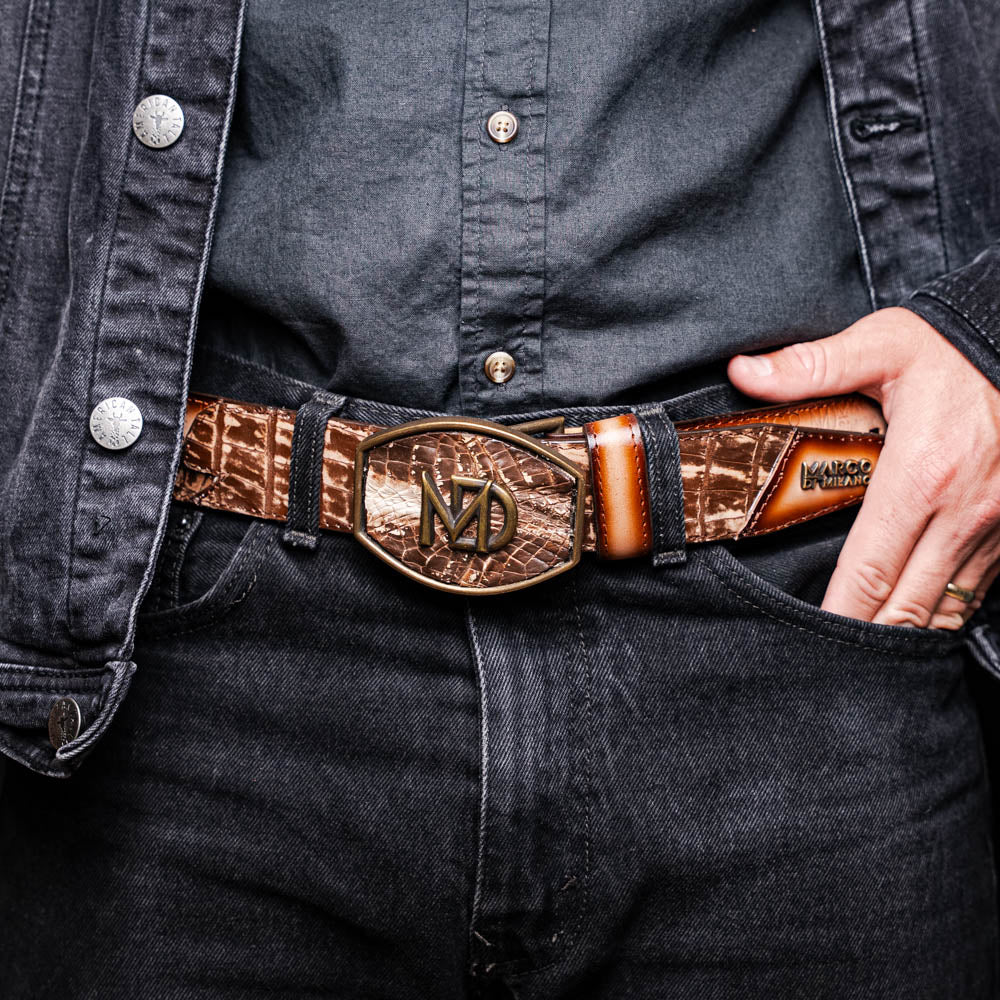 Montana Caiman and Calfskin Western Belt Stone Brown