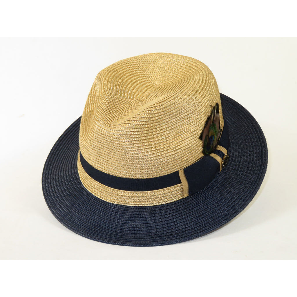 Men's Bruno Capelo 2-Tone Braided Straw Fedora Hat Main Street MS471 Camel/Navy