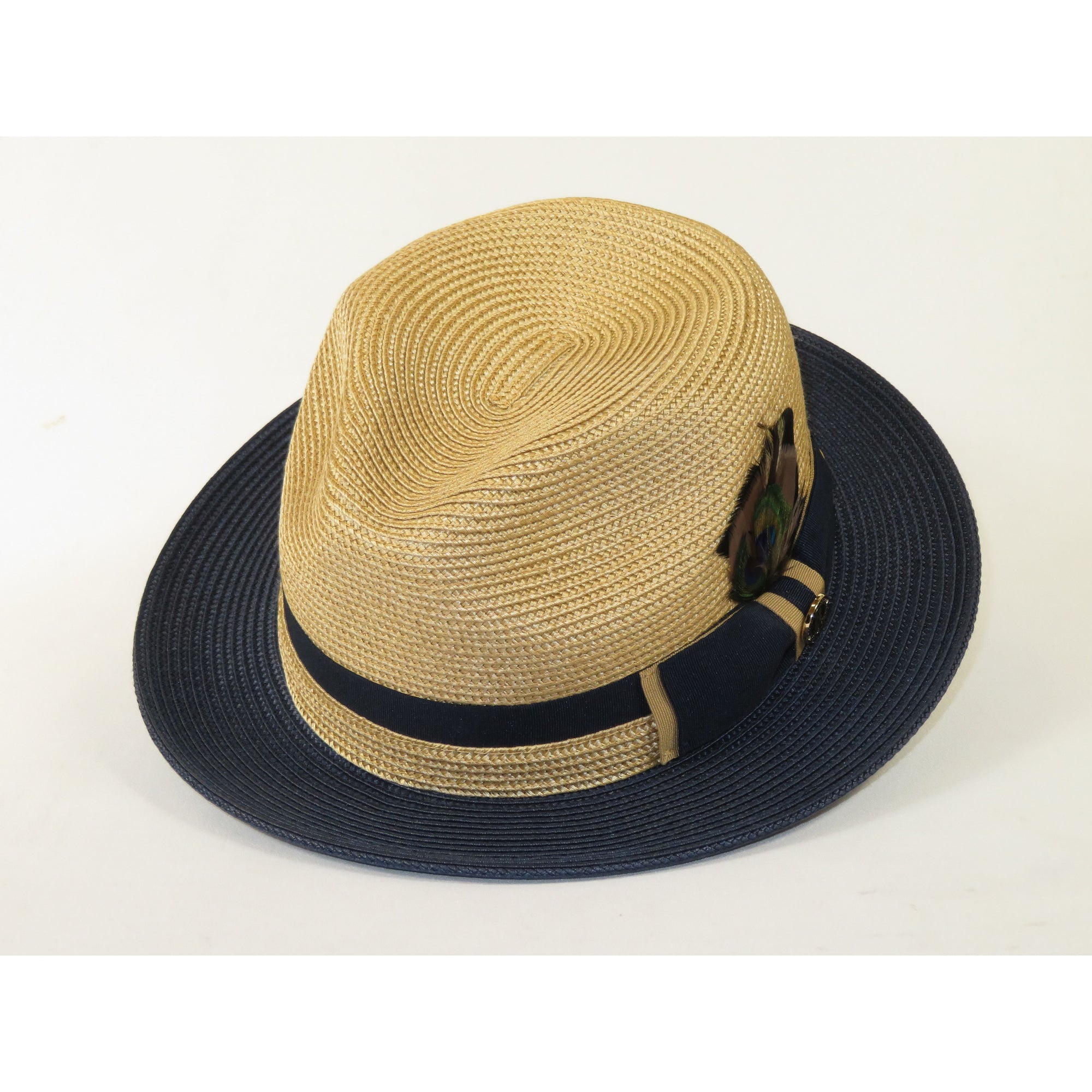 Men's Bruno Capelo 2-Tone Braided Straw Fedora Hat Main Street MS471 Camel/Navy