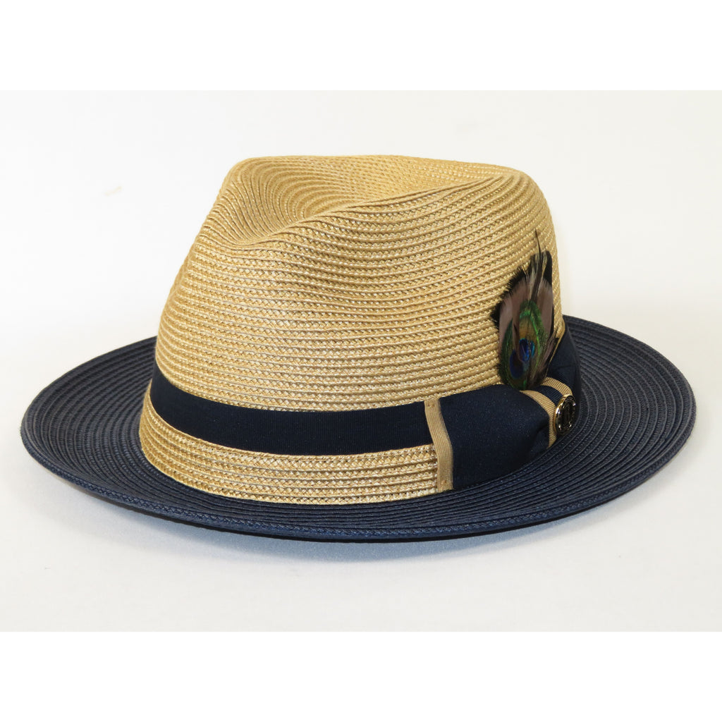 Men's Bruno Capelo 2-Tone Braided Straw Fedora Hat Main Street MS471 Camel/Navy