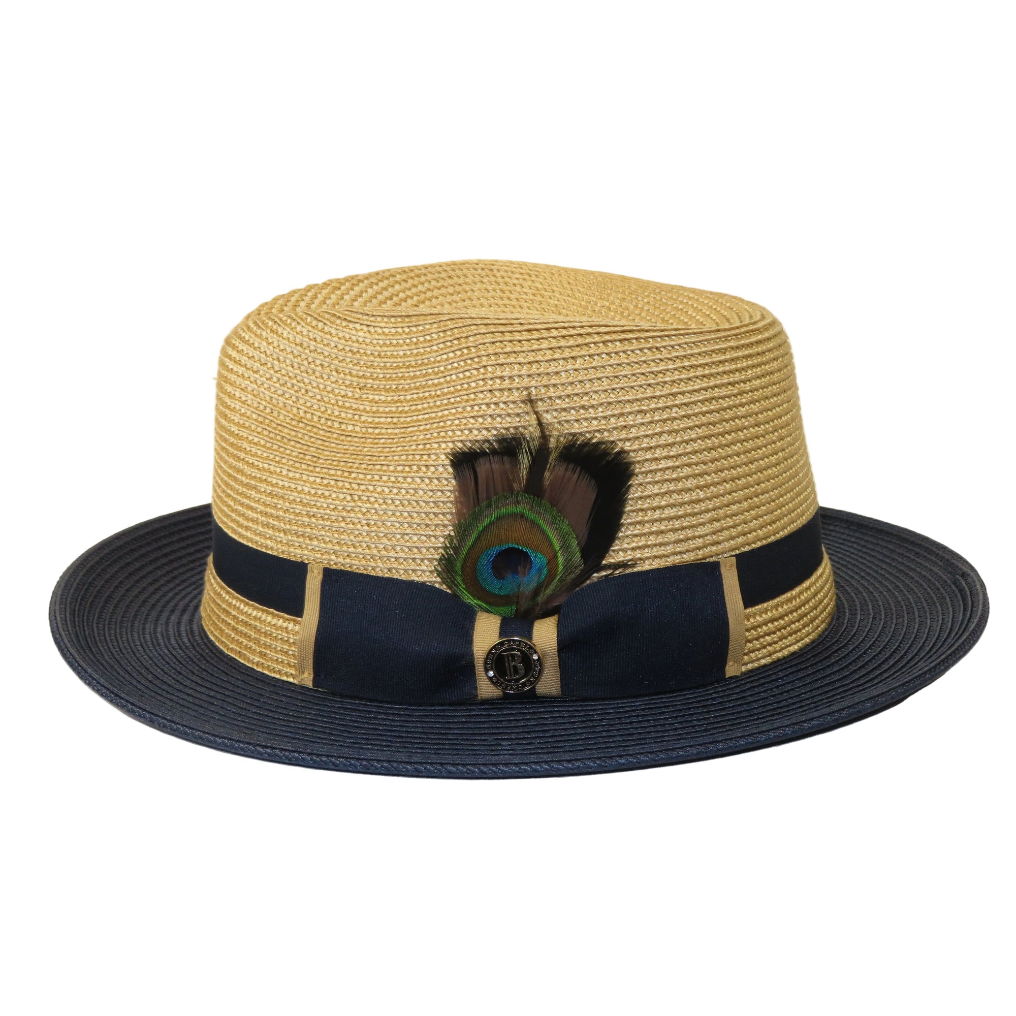 Men's Bruno Capelo 2-Tone Braided Straw Fedora Hat Main Street MS471 Camel/Navy
