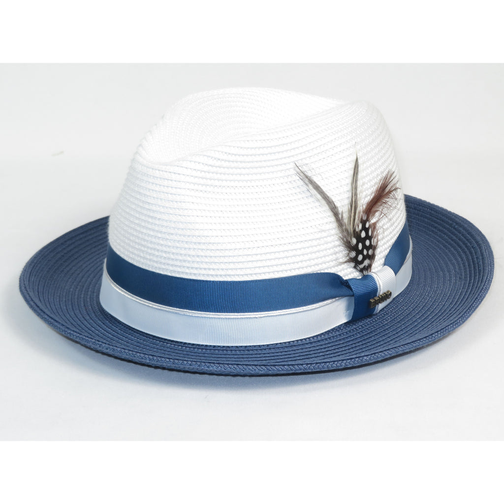 Men's Bruno Capelo 2-Tone Straw Fedora Hat MAYWOOD MY891 White/Denim