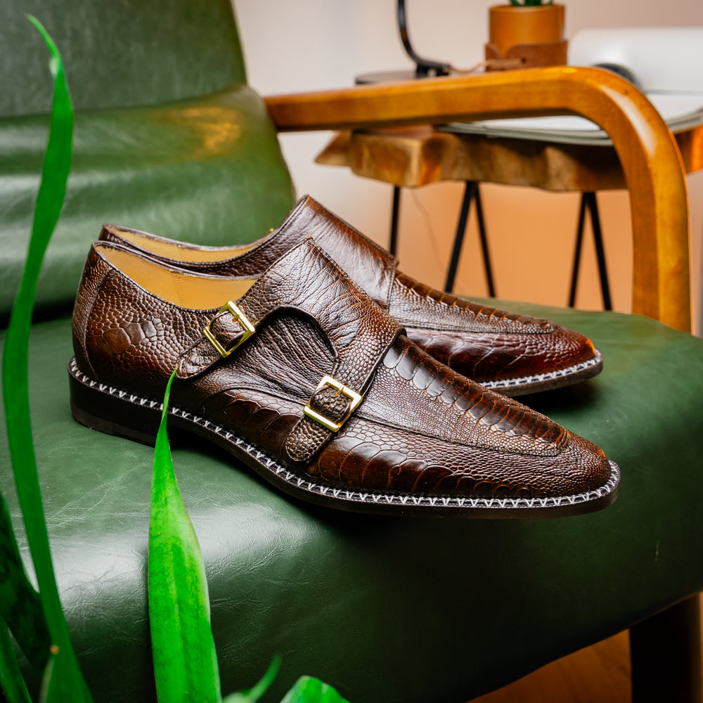 Genuine Ostrich Leg Double Monk Strap Shoes Napoli Brown