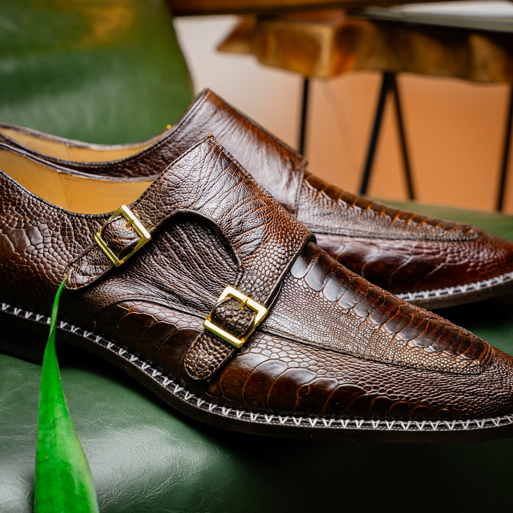 Genuine Ostrich Leg Double Monk Strap Shoes Napoli Brown