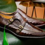 Genuine Ostrich Leg Double Monk Strap Shoes Napoli Brown