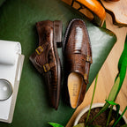 Genuine Ostrich Leg Double Monk Strap Shoes Napoli Brown