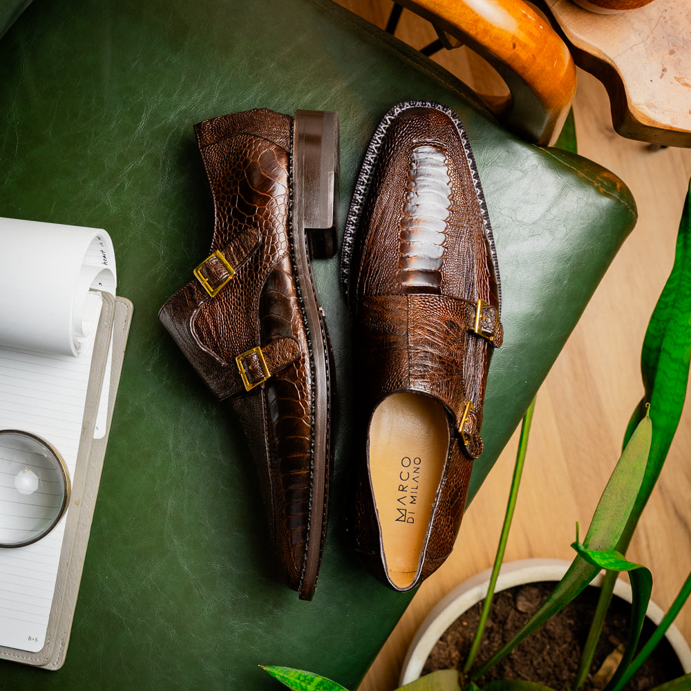 Genuine Ostrich Leg Double Monk Strap Shoes Napoli Brown
