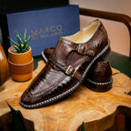 Genuine Ostrich Leg Double Monk Strap Shoes Napoli Brown