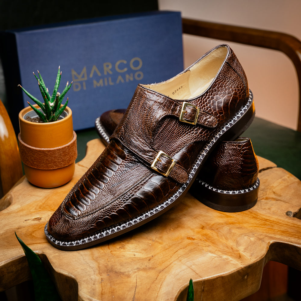 Genuine Ostrich Leg Double Monk Strap Shoes Napoli Brown