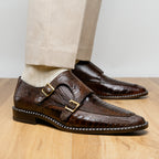 Genuine Ostrich Leg Double Monk Strap Shoes Napoli Brown