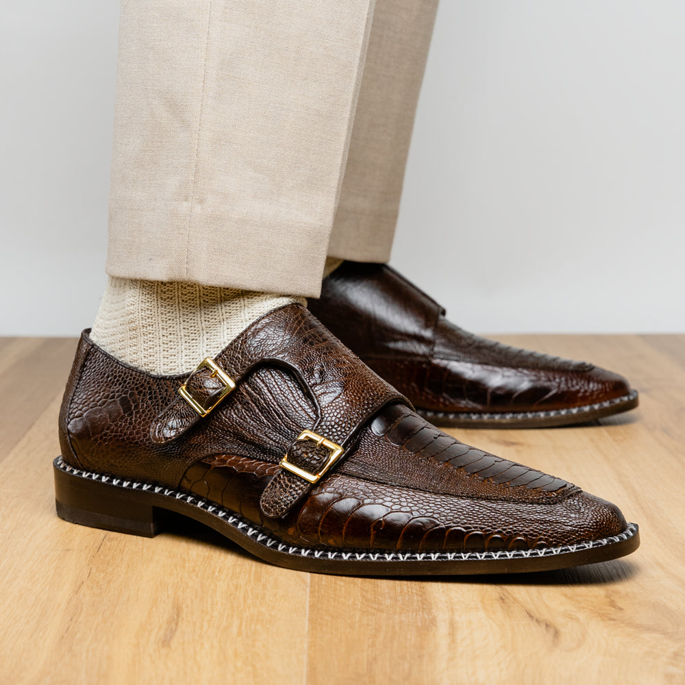 Genuine Ostrich Leg Double Monk Strap Shoes Napoli Brown