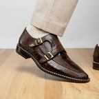 Genuine Ostrich Leg Double Monk Strap Shoes Napoli Brown