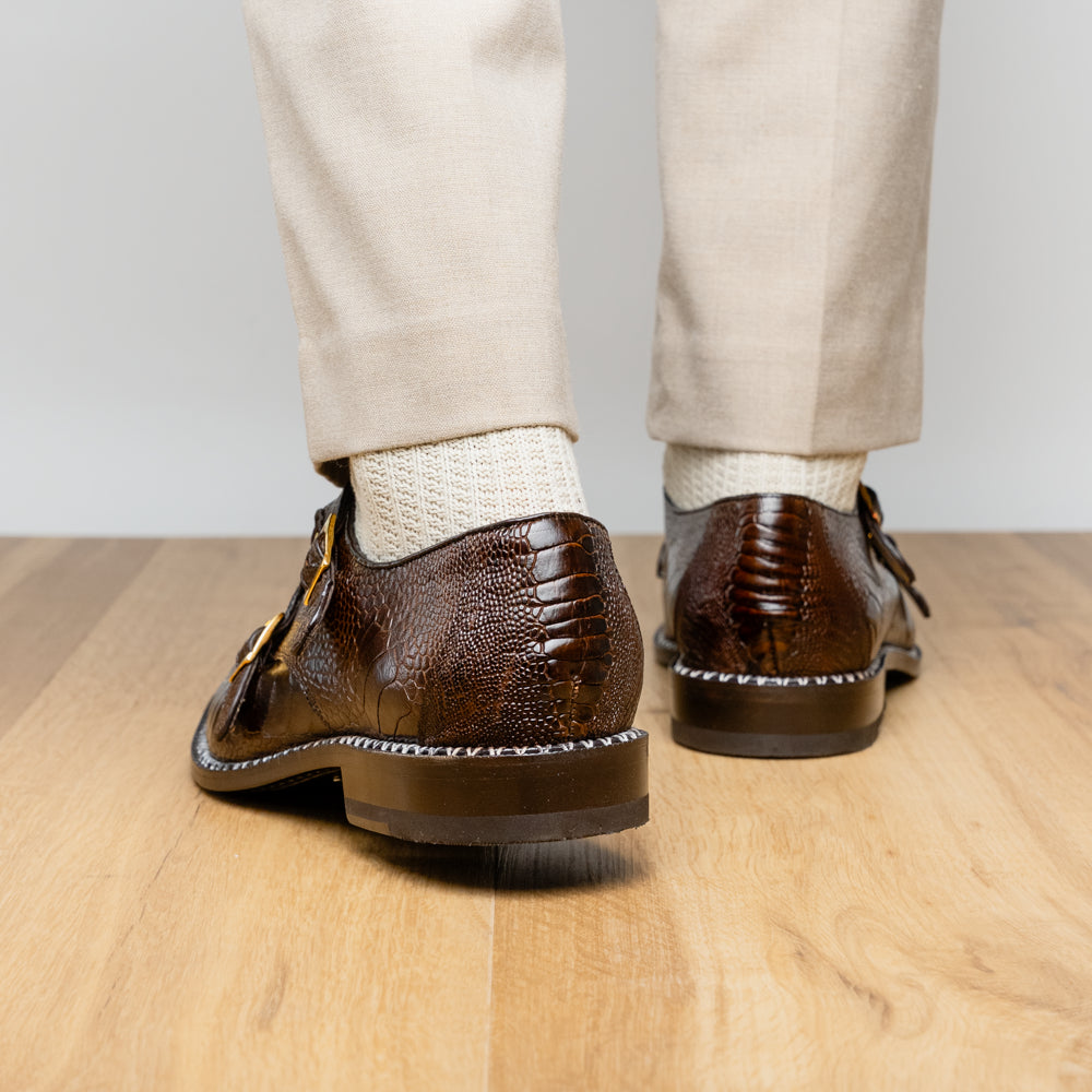 Genuine Ostrich Leg Double Monk Strap Shoes Napoli Brown