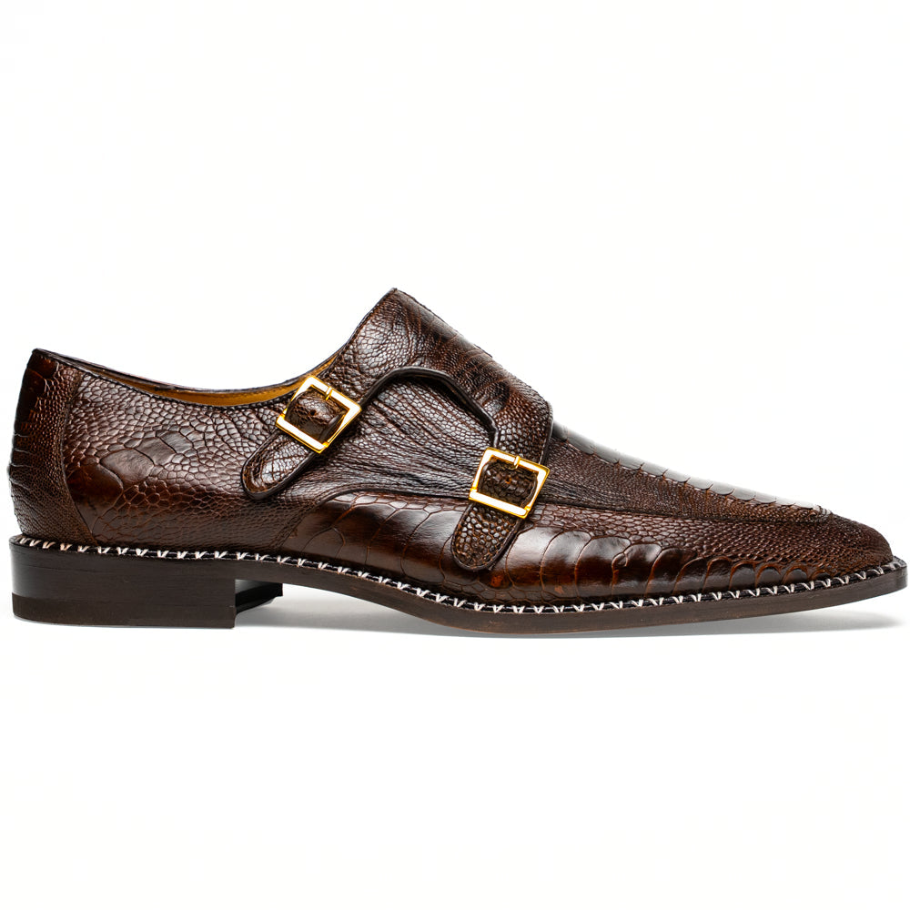 Genuine Ostrich Leg Double Monk Strap Shoes Napoli Brown
