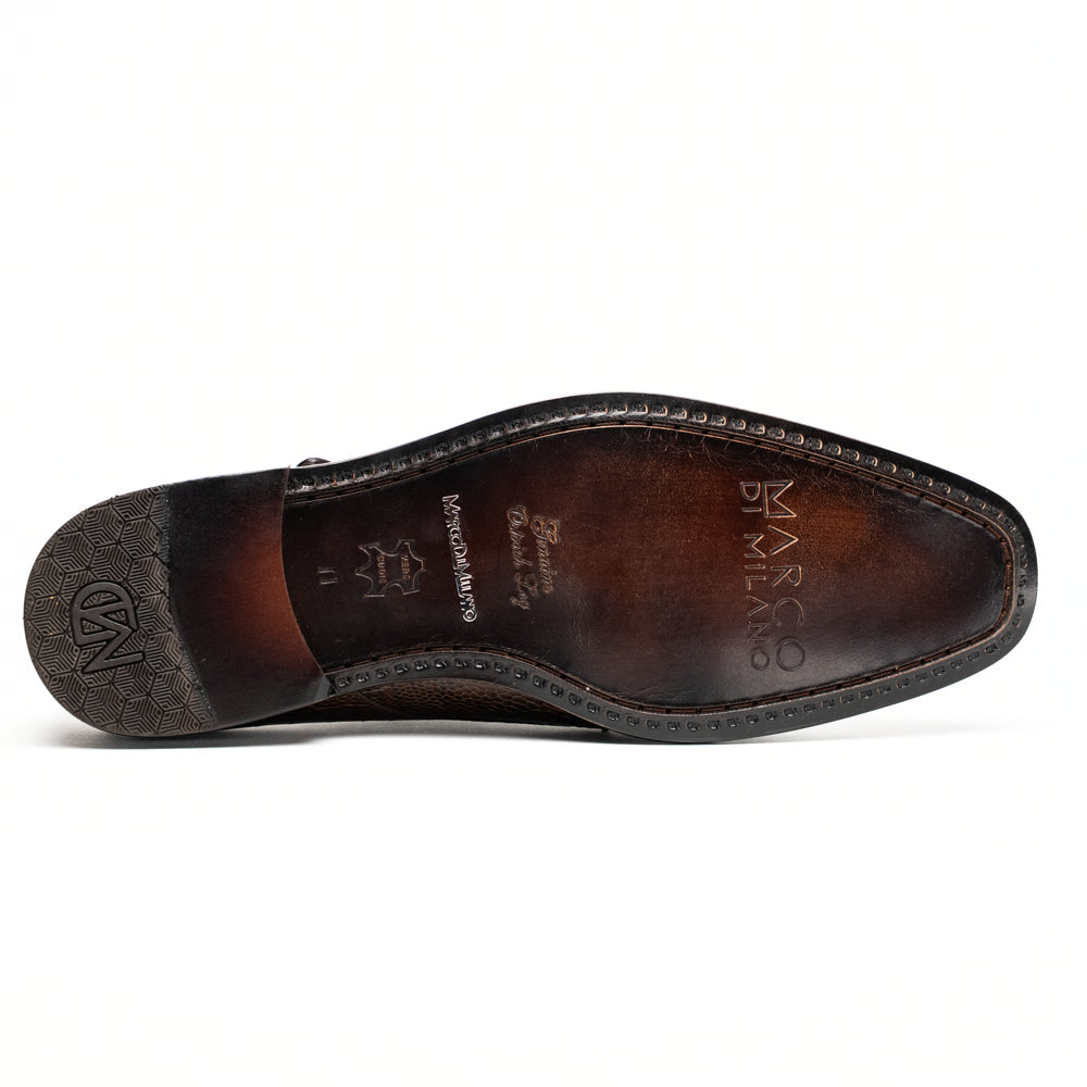 Genuine Ostrich Leg Double Monk Strap Shoes Napoli Brown