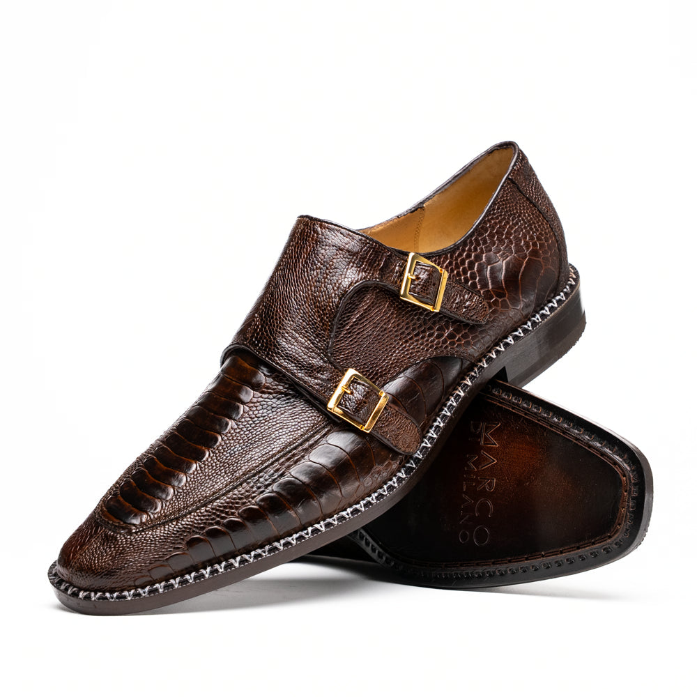 Genuine Ostrich Leg Double Monk Strap Shoes Napoli Brown
