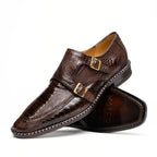 Genuine Ostrich Leg Double Monk Strap Shoes Napoli Brown