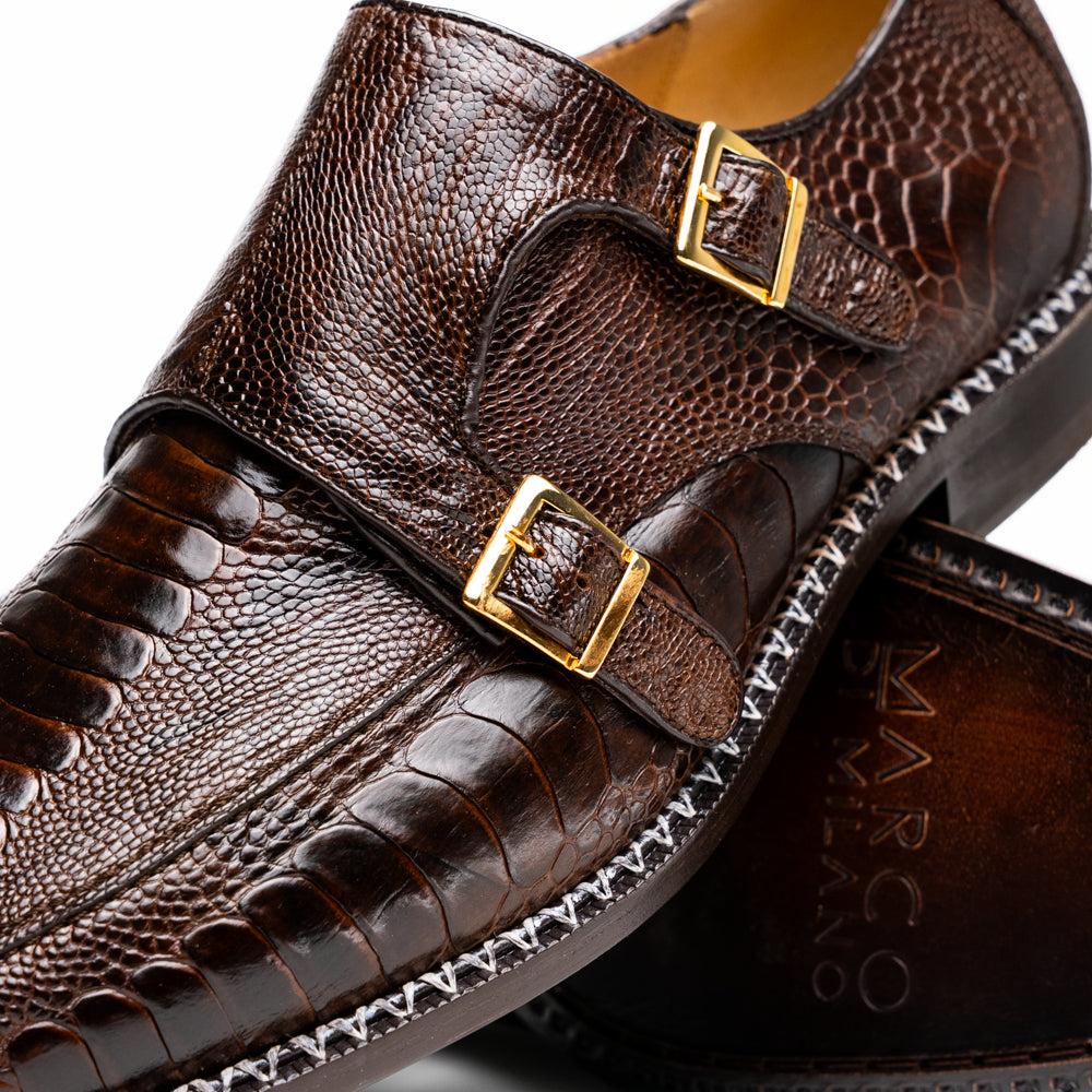 Genuine Ostrich Leg Double Monk Strap Shoes Napoli Brown