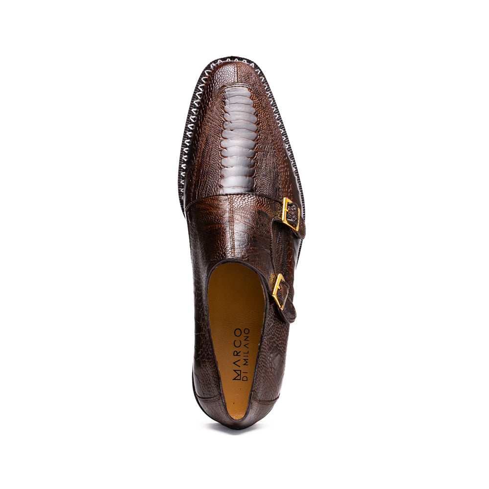Genuine Ostrich Leg Double Monk Strap Shoes Napoli Brown