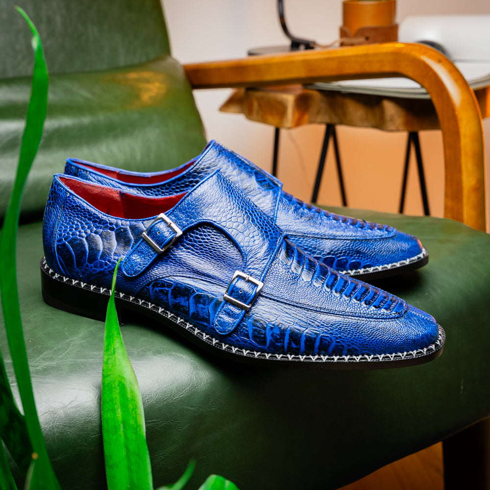 Genuine Ostrich Leg Double Monk Strap Shoes Napoli Electric Blue