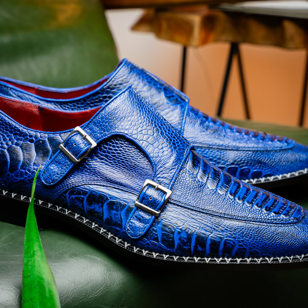 Genuine Ostrich Leg Double Monk Strap Shoes Napoli Electric Blue