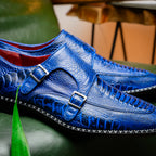 Genuine Ostrich Leg Double Monk Strap Shoes Napoli Electric Blue
