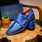 Genuine Ostrich Leg Double Monk Strap Shoes Napoli Electric Blue