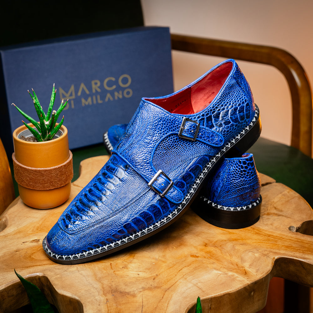 Genuine Ostrich Leg Double Monk Strap Shoes Napoli Electric Blue