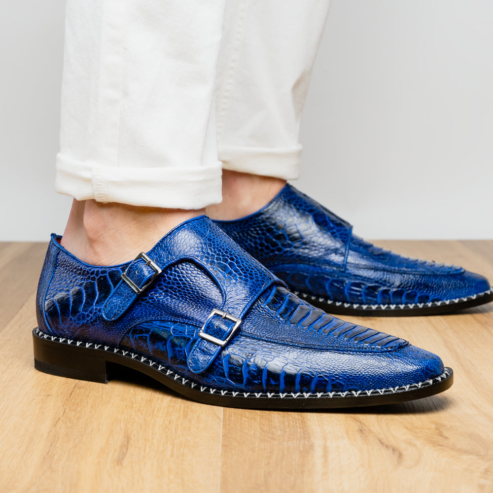 Genuine Ostrich Leg Double Monk Strap Shoes Napoli Electric Blue