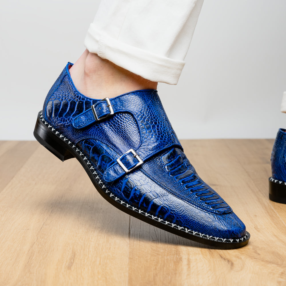 Genuine Ostrich Leg Double Monk Strap Shoes Napoli Electric Blue