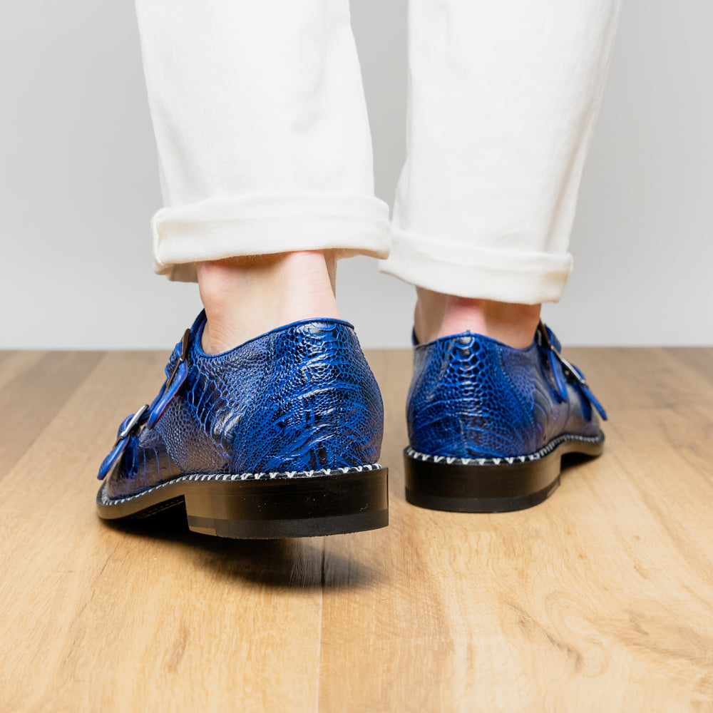 Genuine Ostrich Leg Double Monk Strap Shoes Napoli Electric Blue