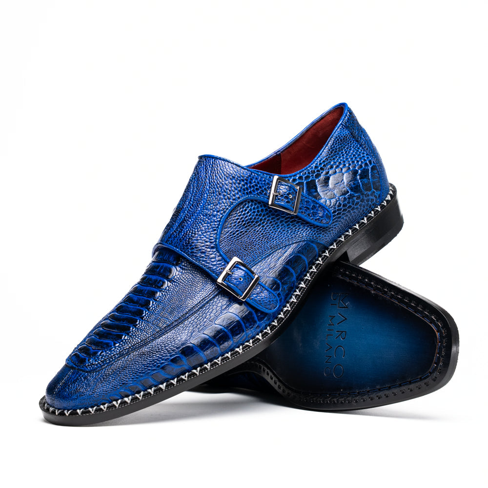 Genuine Ostrich Leg Double Monk Strap Shoes Napoli Electric Blue