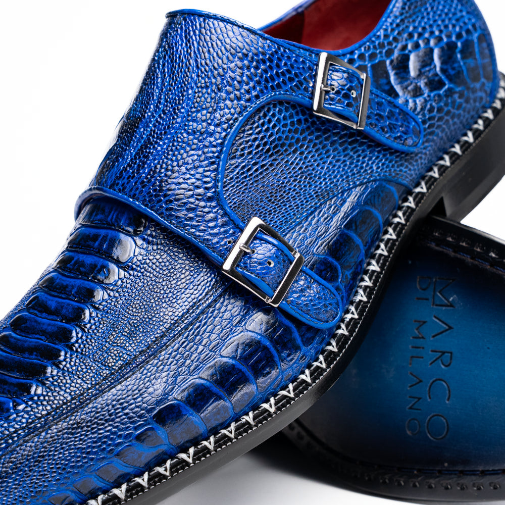 Genuine Ostrich Leg Double Monk Strap Shoes Napoli Electric Blue