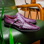 Genuine Ostrich Leg Double Monk Strap Shoes Napoli Purple