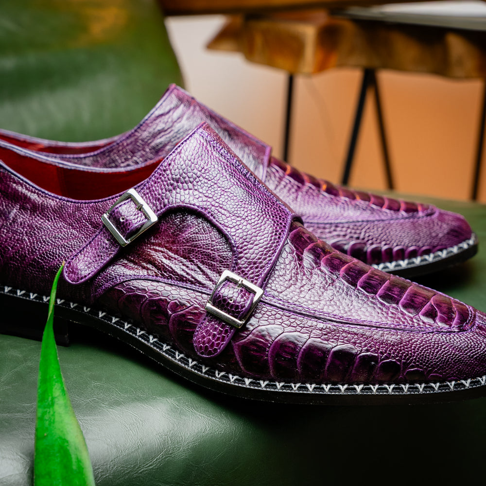 Genuine Ostrich Leg Double Monk Strap Shoes Napoli Purple