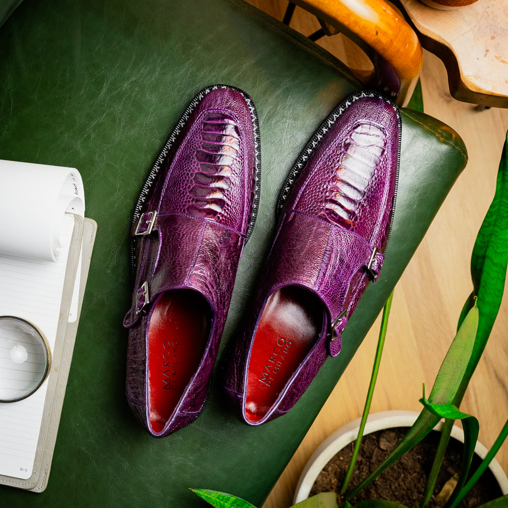 Genuine Ostrich Leg Double Monk Strap Shoes Napoli Purple