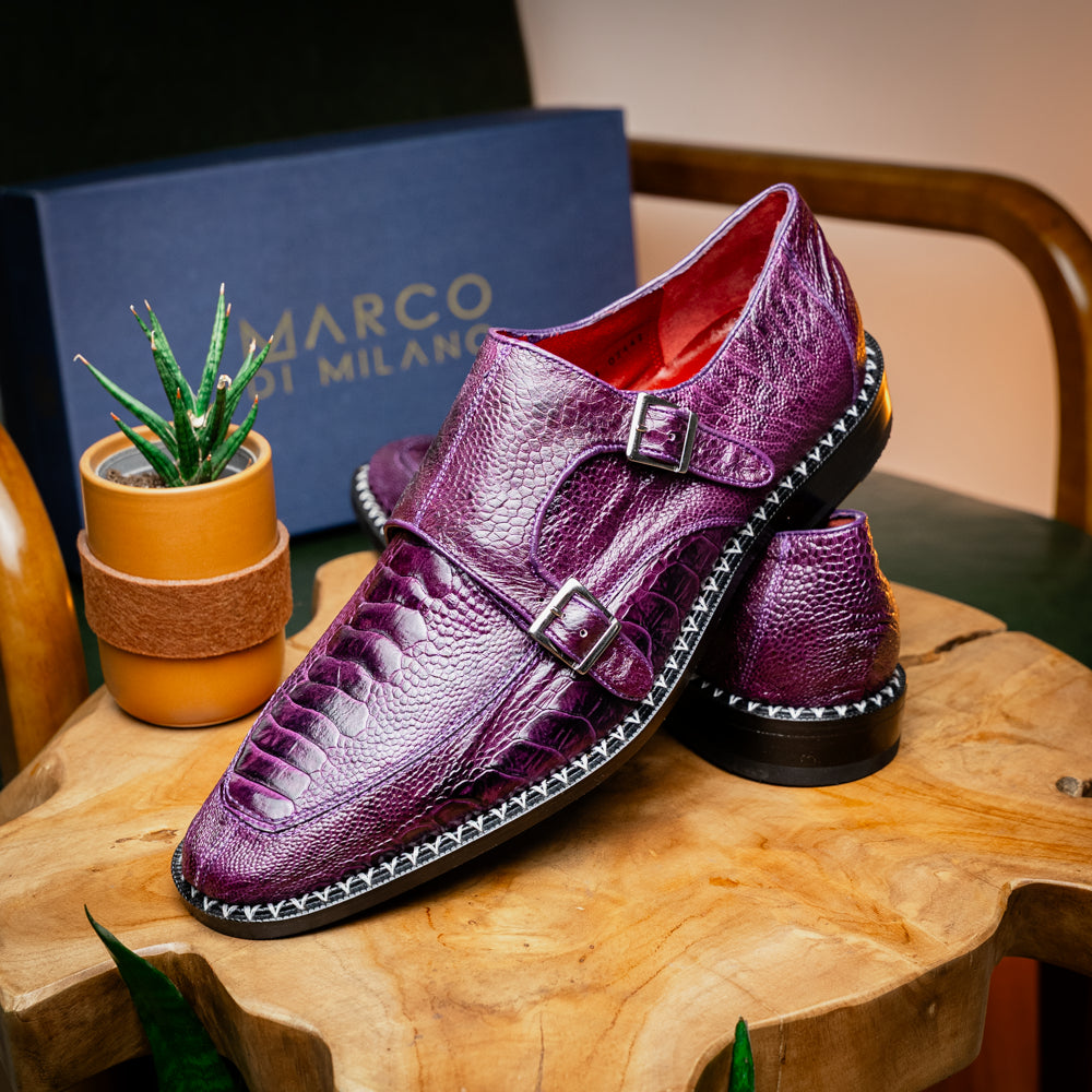 Genuine Ostrich Leg Double Monk Strap Shoes Napoli Purple